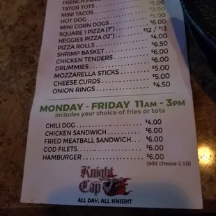 Menu served til 1am nightly! Recommend the chicken tenders and potato wedges!