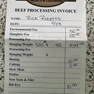 receipt for beef processing invoice