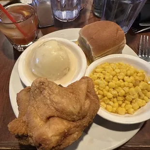 Sunday special of fried chicken with sweet corn and mashed potatoes along with an old fashion