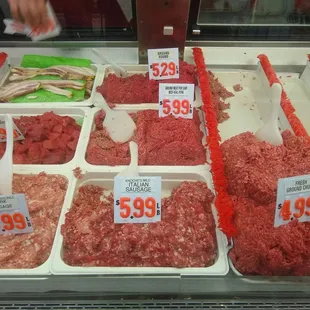 Their famous beef, bacon, and sausage.