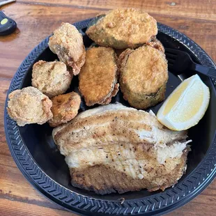 Cajun tilapia with fried zucchini and fried mushrooms