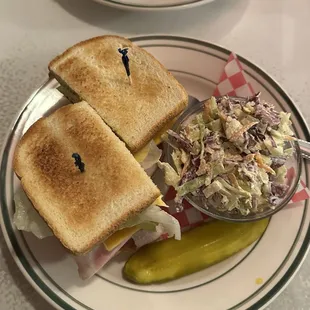 Club Sandwich lunch special with Blucheese Slaw and Sweet Hot Pickle
