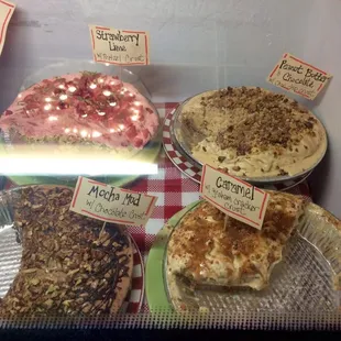 All the ice cream pie selections.  Mocha chip had nuts, so we only tried the other 3.