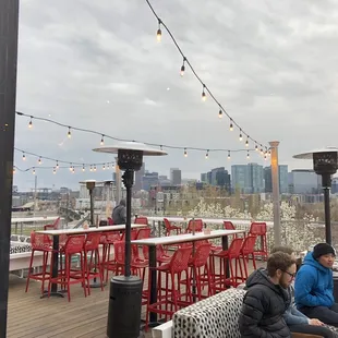 Unparalleled Denver skyline view from outdoor patio; 20-something hip clientele.