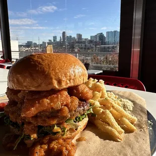 Burger of the month with cheese curds and butter bacon marinara. Garlic Parm fries.