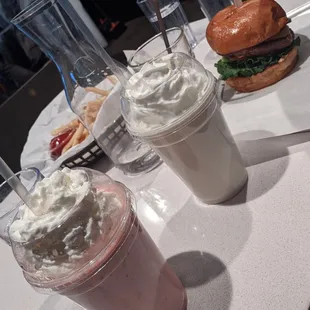 Strawberry and vanilla milkshakes and beyond burger