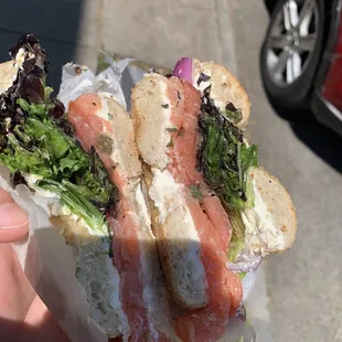 Bagel with cream cheese, lox and capers