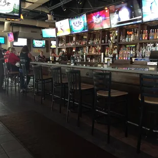 I'm looking at an empty bar with two waitresses sitting with guests.