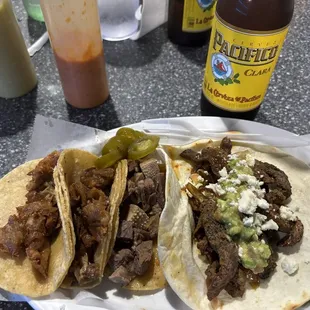 Tripitas, lengua, and fajita asada tacos