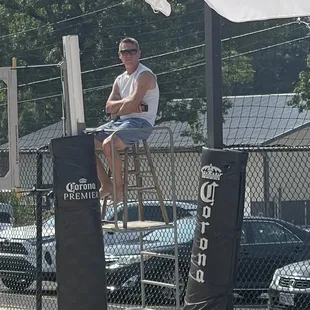 The owners claim to "standing" the whole time while refereeing the volleyball game.