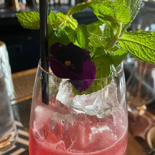 a pink drink with ice and mint