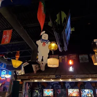 a group of polar bears hanging from the ceiling