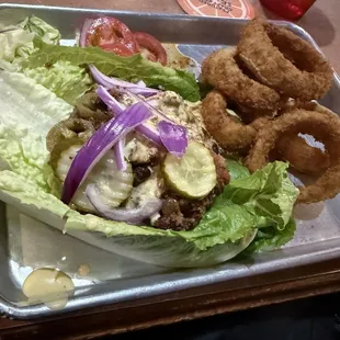 Chili Cheese Burger with Onion Rings