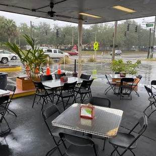 tables and chairs on a rainy day