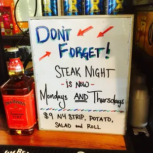 Offering $9 steak nights on Monday and Thursday.
