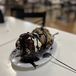 Chocolate Fudge Brownie (without whipped cream, cherry, and nuts); ice cream flavors are Coffee Cookie Dream and Cookies n Cream.