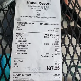Receipt for breakfast.