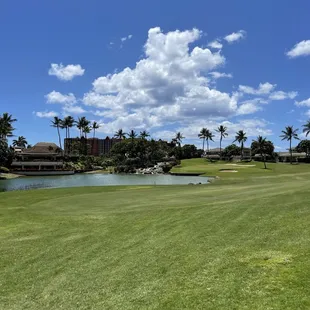 View from 18th fairway looking at the green and Roy's