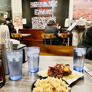 Inside. Small chicken fried rice and ika geso fried squid legs