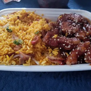 Sesame chicken and pork fried rice