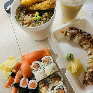 a variety of sushi and other foods