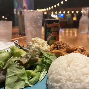 Spicy Garlic Chicken,  Salad, Rice, Mac Salad