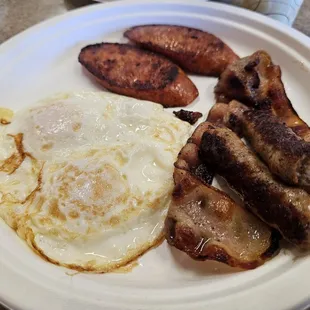 Trio Plate $13.50, eggs over medium.