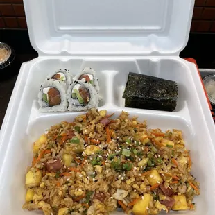 Lunch Special with Hawaiian Fried Rice, Spam Musubi and a Philly Roll.