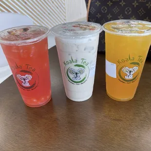 Guava green tea, almond milk tea and passion fruit green tea