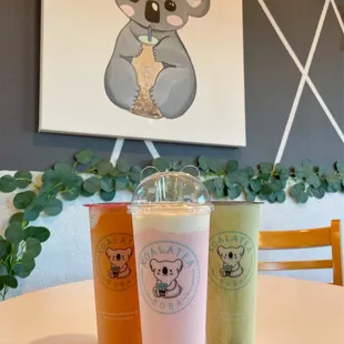 Strawberry Cheesecake smoothie, blended Thai tea and blended matcha