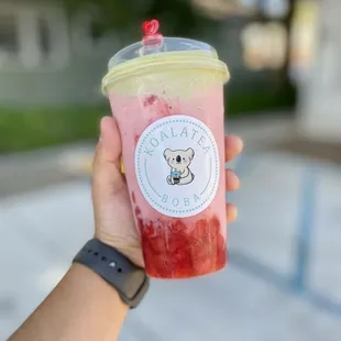 Strawberry Banana smoothie w/ strawberry bits &amp; matcha cream