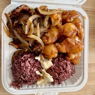 combo plate: orange chicken and pork