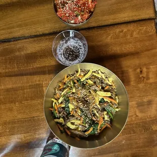 koba bowl Sweet potato glass noodle base  bulgogi  (protein) with almost all 20 veg option s included with side of *super spicy* kimchi .