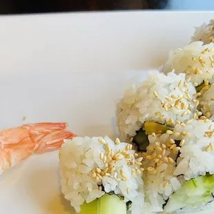 Cooked shrimp comes 2 to an order, avocados and cucumber roll