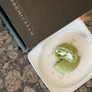 a plate of green tea ice cream