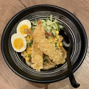 a bowl of ramen and a hard boiled egg