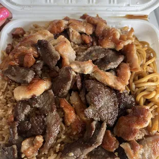 Chicken and Beef. With fried rice and noodles