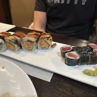 Dragon roll (eel and crawfish) and tuna roll