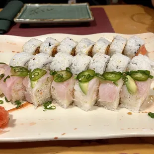 Dynamite Roll (top), rainbow roll (middle - done incorrectly), God father roll (jalapeños)
