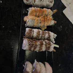 Philadelphia roll, Jalapeño Shrimp roll, Shrimp tempura roll, Red Snapper and Mackerel sashimi