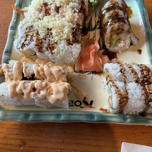 Snow mountain, crunchy California, Mexican, shrimp tempura w/ 2 pieces missing and spider w/ 2 pieces missing