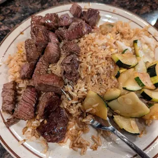 Filet Mignon; fried rice and zucchini