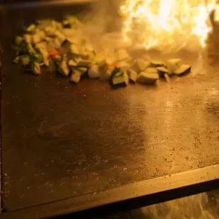 a fire in the background