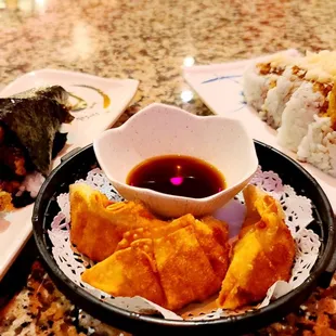three plates of food on a table