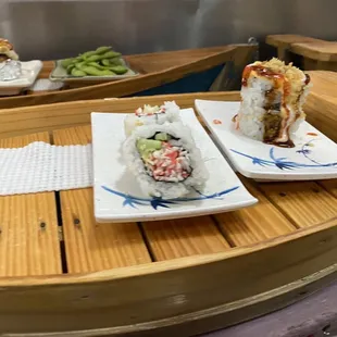 a variety of sushi dishes