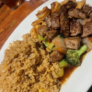 Hibachi rice, steak, chicken, vegetables