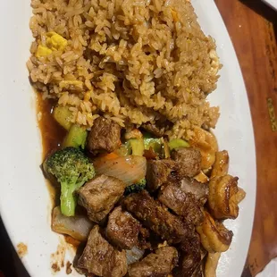 Hibachi rice, steak, chicken, vegetables