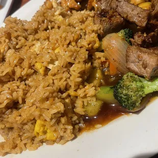 Hibachi rice, steak, chicken, vegetables