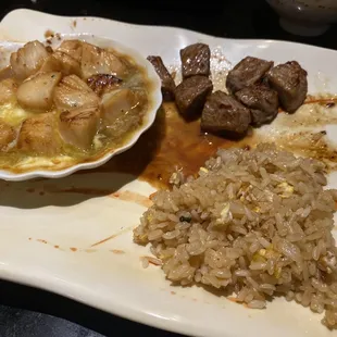 Scallops, steak, fried rice (what's left of it all)