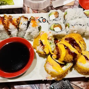 Spider roll from top left, California roll, tempura eel roll